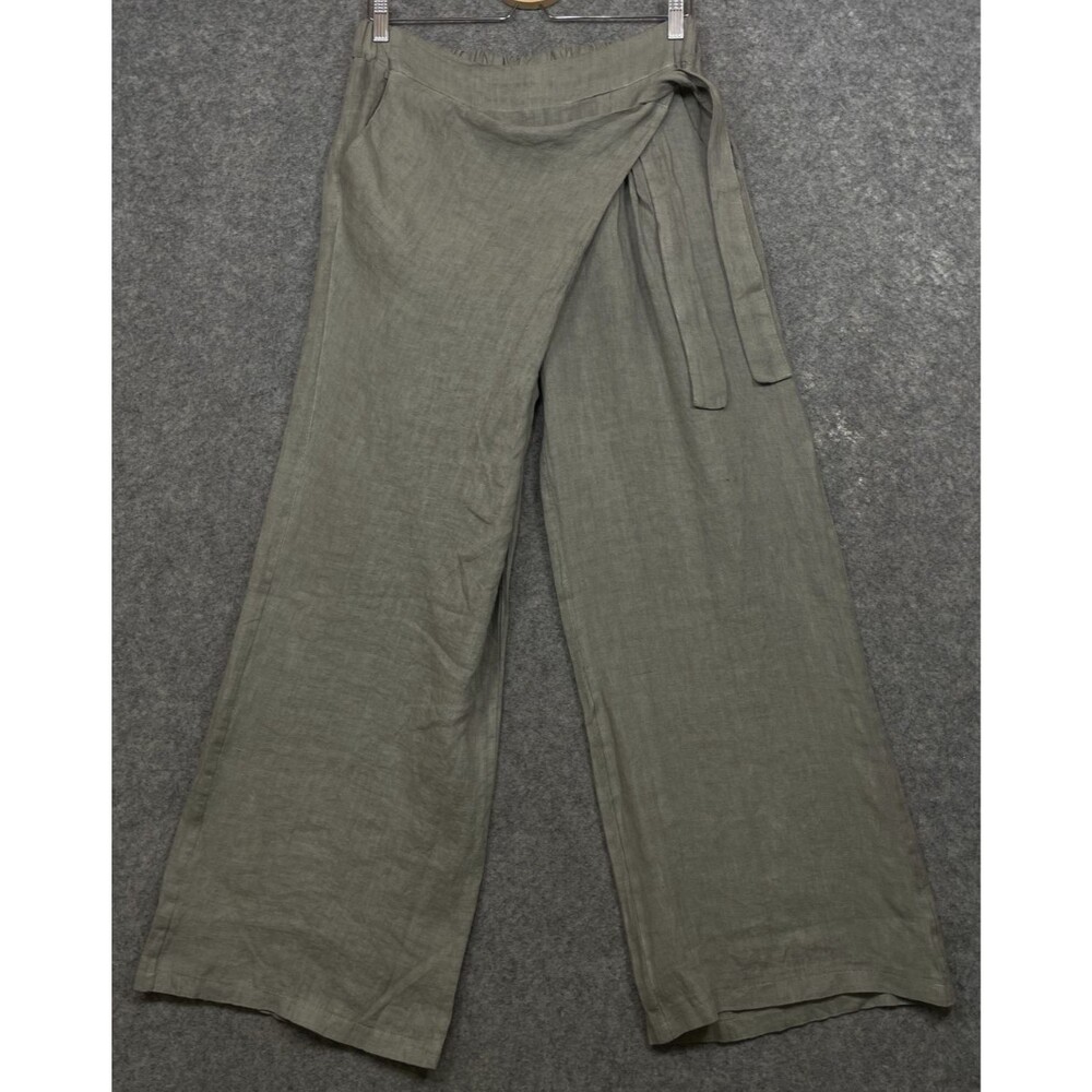 M Made in Italy Pants Women L Taupe Gray Linen Wide Leg Lagenlook Wrap Front New